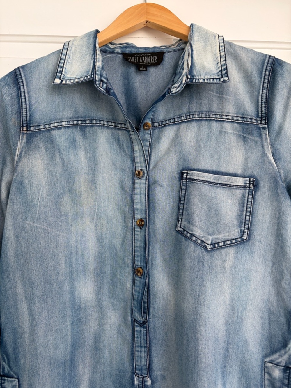 Sweet Wanderer Light Blue Denim Shirt Jacket Dress Size Large Junior’s. - Picture 3 of 6